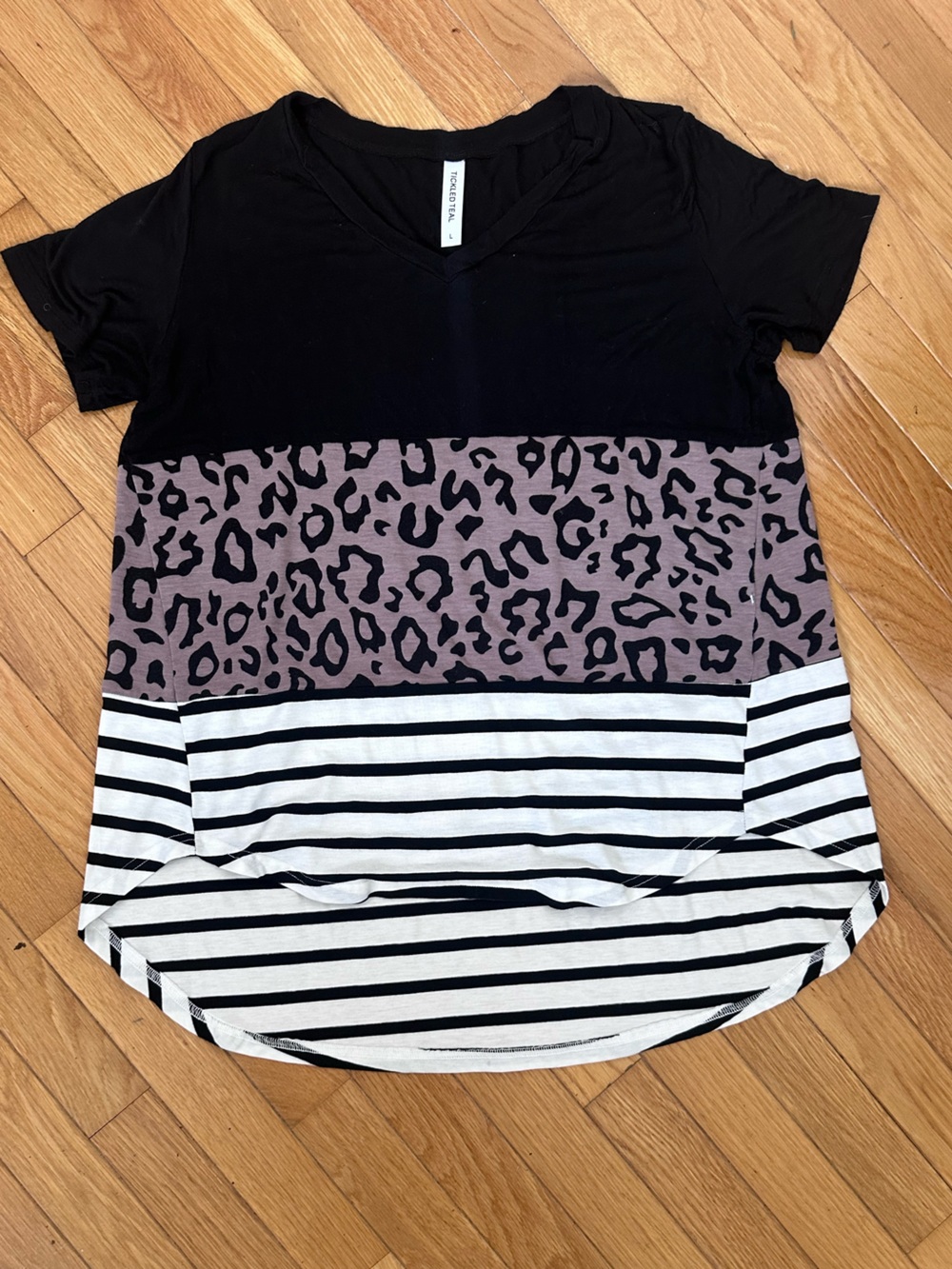 Striped and Leopard Colorblock Top - Black & Mauve Size Large